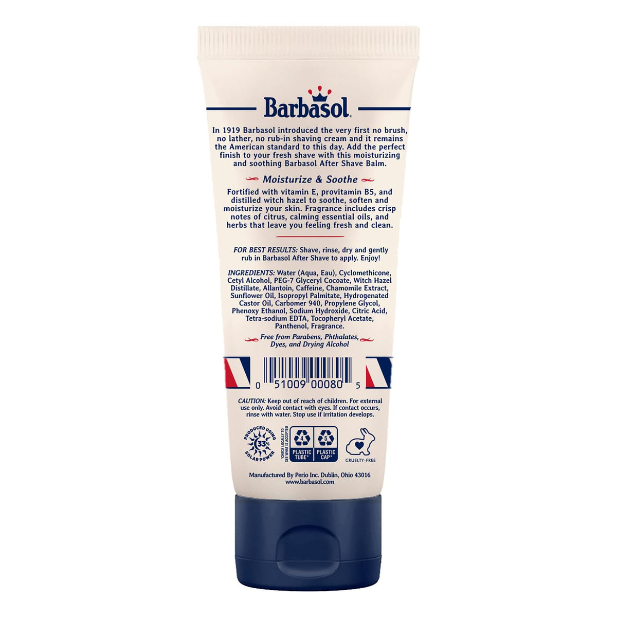 Barbasol 1919 bottle cap and dispenser detail, offering spill-resistant travel benefit