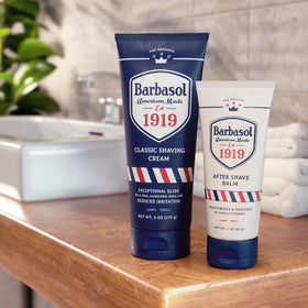Label close-up showing Barbasol 1919 ingredients and claims, communicating alcohol-free formulation