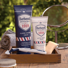 Barbasol 1919 in bathroom setting demonstrating everyday grooming confidence