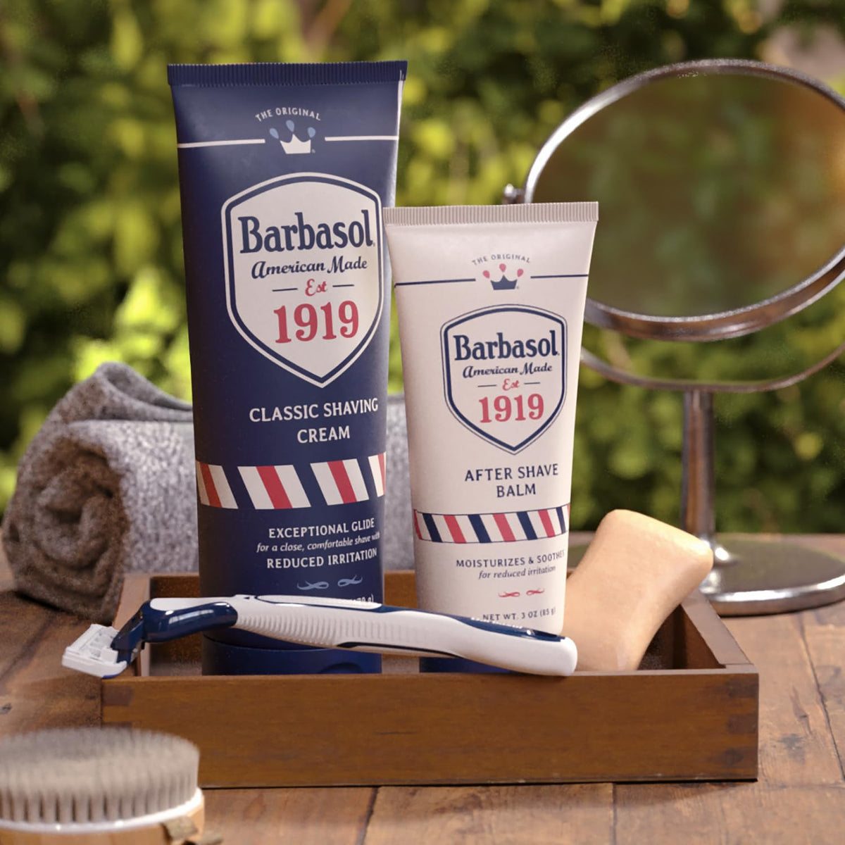 Barbasol 1919 bottle inside a travel toiletry kit, illustrating easy packing and on-the-go care