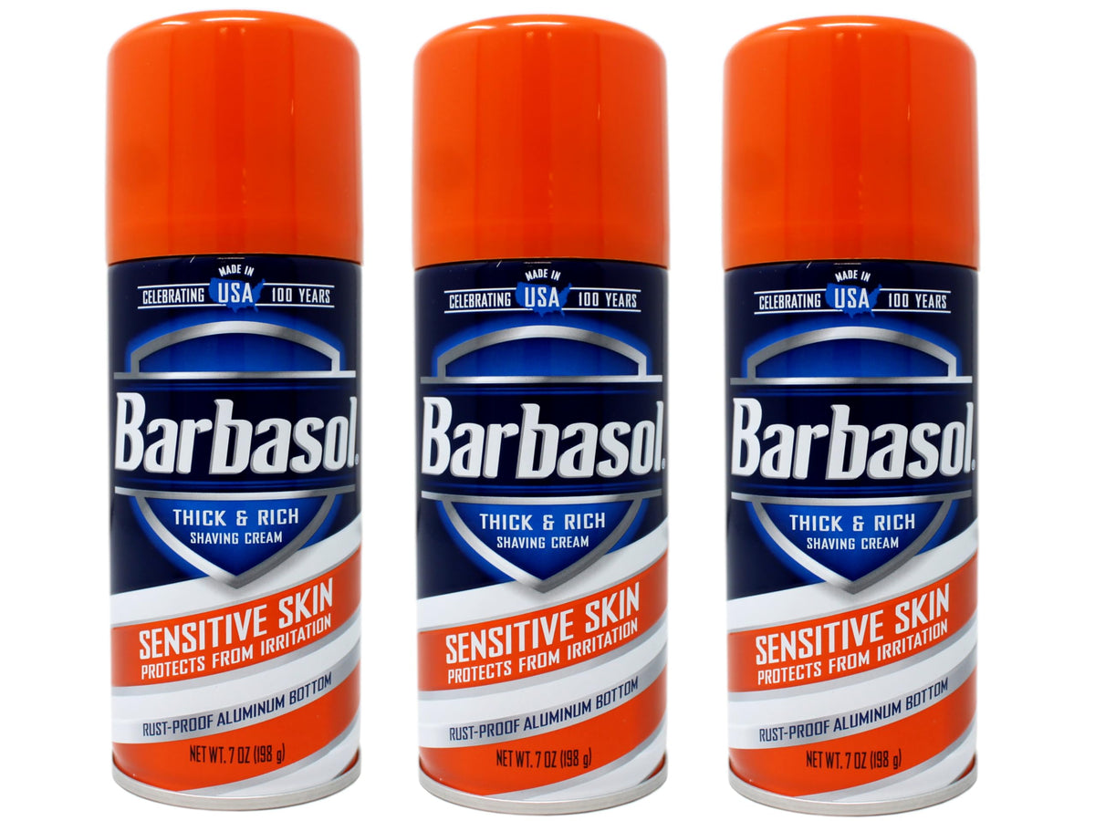 Barbasol front can showing sensitive skin label and easy identification benefit