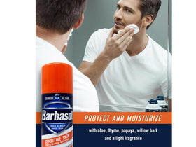Barbasol can in hand size comparison showing travel-friendly convenience benefit