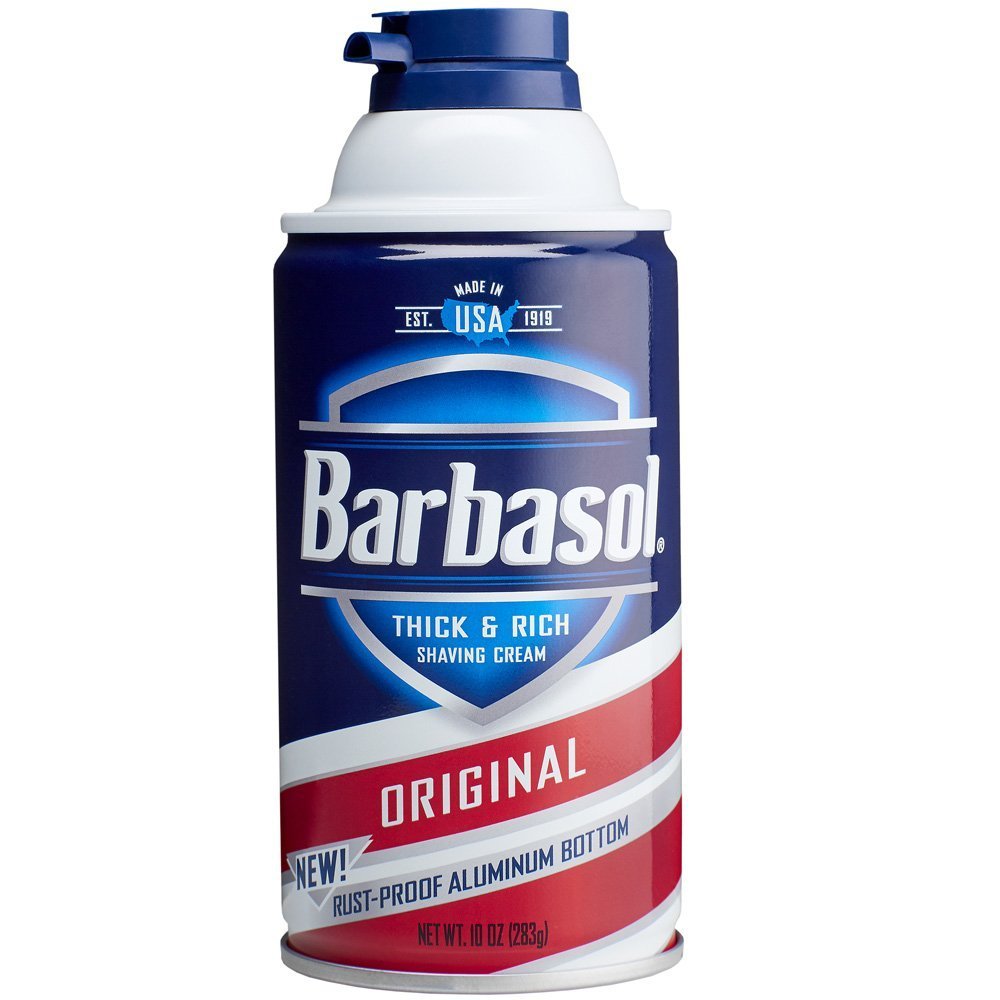 Barbasol can front view showing original label and thick lather benefit