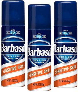 Barbasol sensitive skin front can showing travel-size pack and clear label benefit