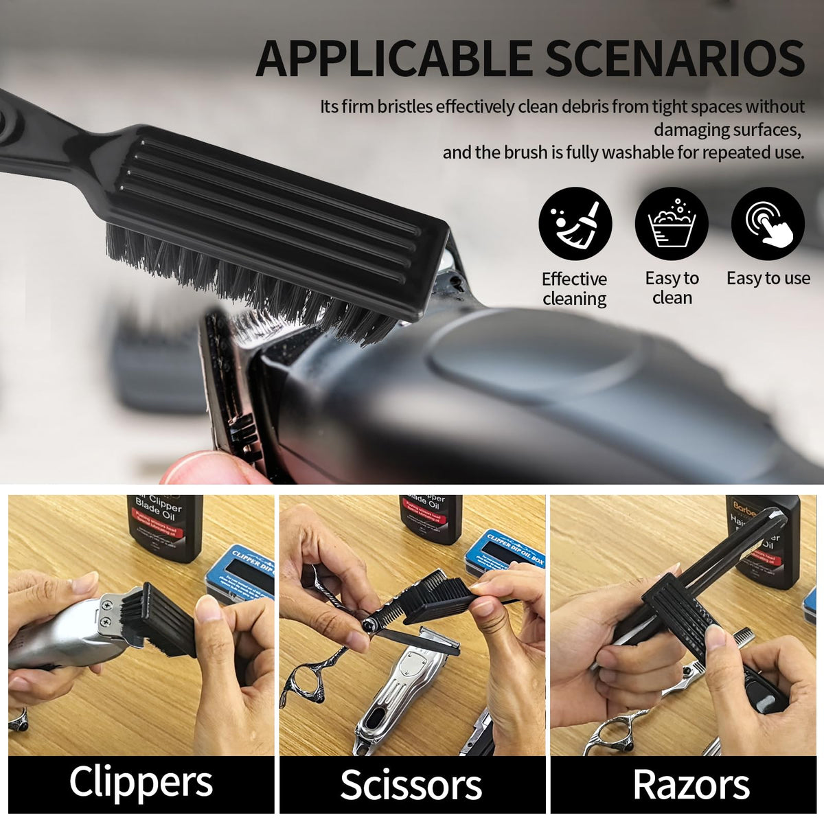 BARBERTOP blade being dipped into oil box illustrating fast, spill-free lubrication