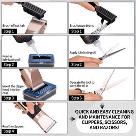 BARBERTOP size comparison with clippers and scissors showing compact kit portability
