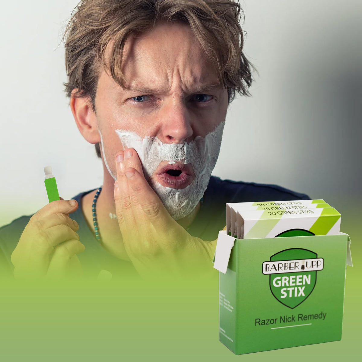 BARBERUPP Green Stix applied to shaving nick demonstrating fast bleeding control benefit