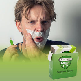 BARBERUPP Green Stix applied to shaving nick demonstrating fast bleeding control benefit