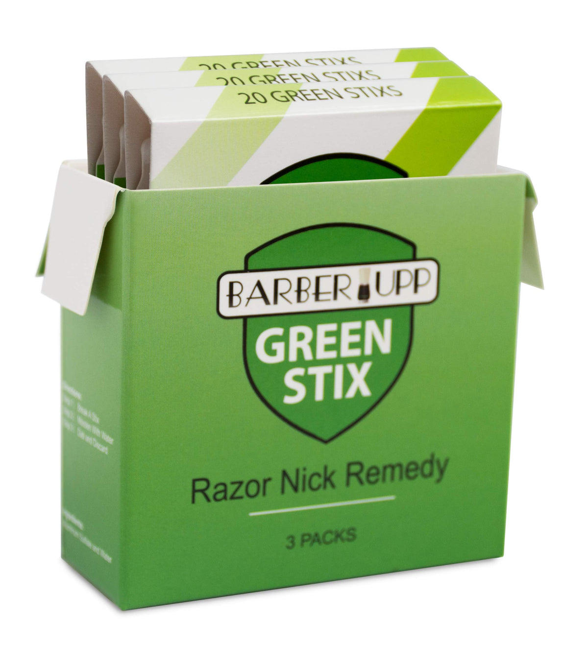 BARBERUPP Green Stix front packaging showing three 20-stick packs and benefit hygiene