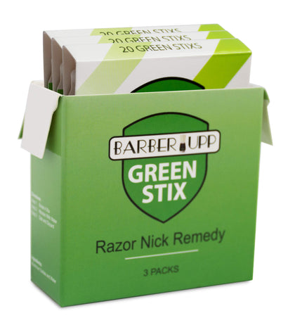 BARBERUPP Green Stix front packaging showing three 20-stick packs and benefit hygiene