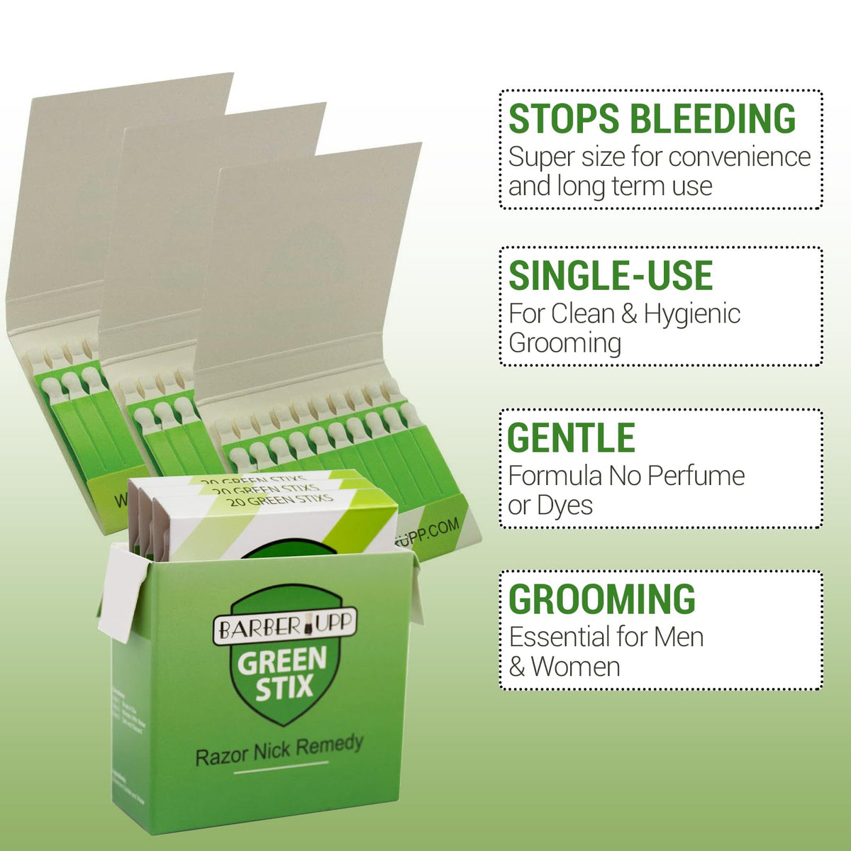 BARBERUPP Green Stix single stick close-up showing sterile disposable design benefit