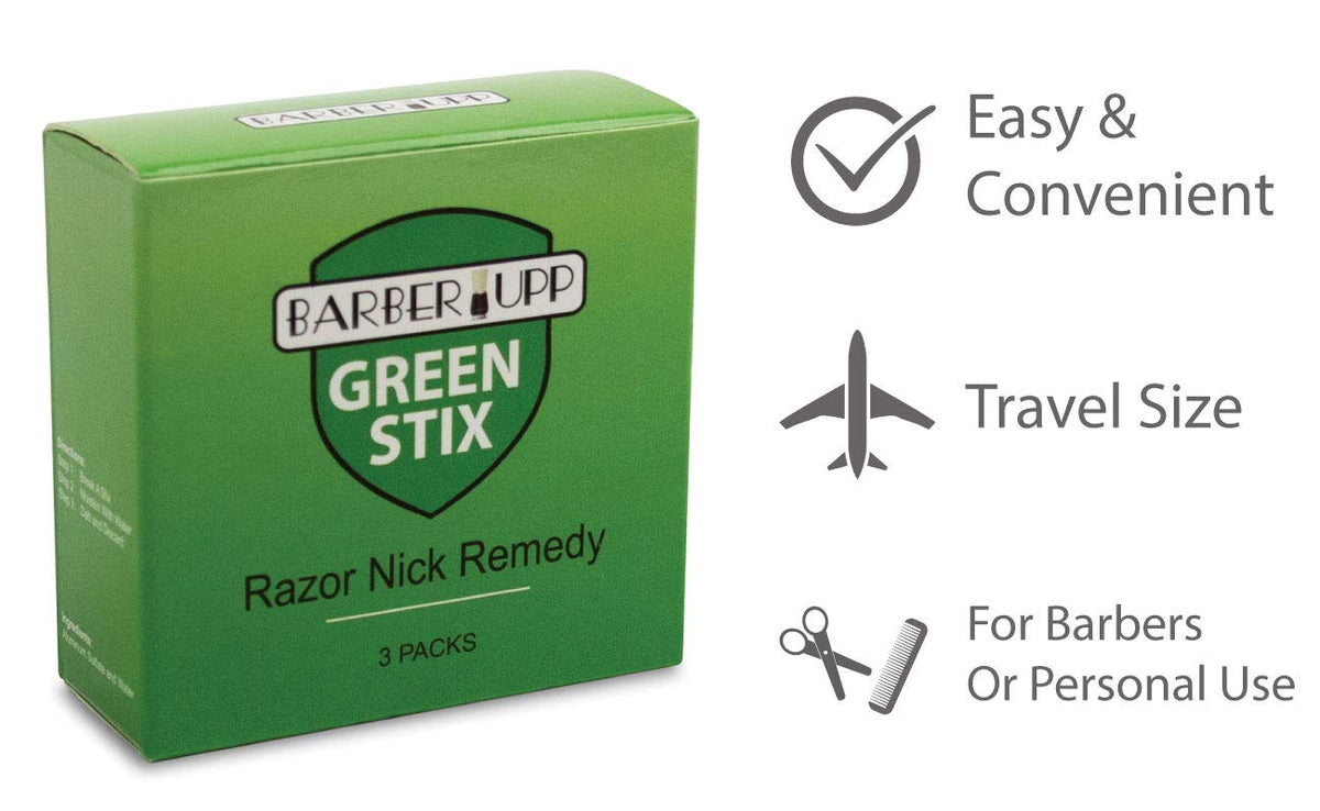 BARBERUPP Green Stix in travel and first-aid setup demonstrating portable emergency relief benefit