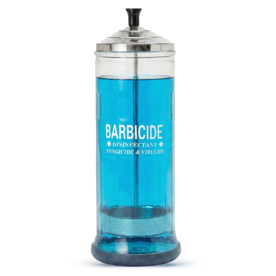 BARBICIDE front view glass jar showing clear solution and professional look
