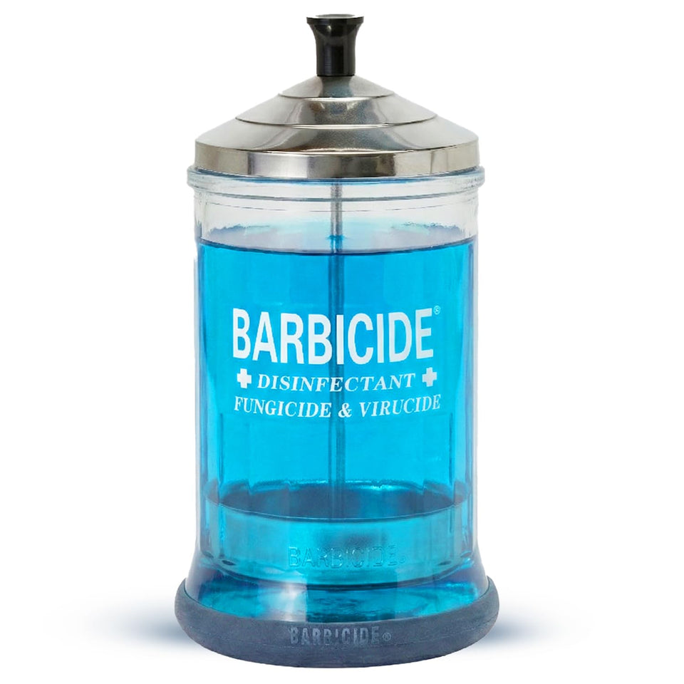 BARBICIDE front view jar showing clear glass and stainless lid benefit visibility