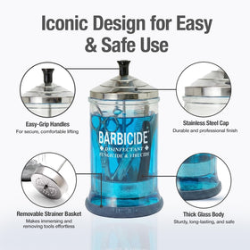 BARBICIDE glass clarity showing solution level for quick monitoring benefit