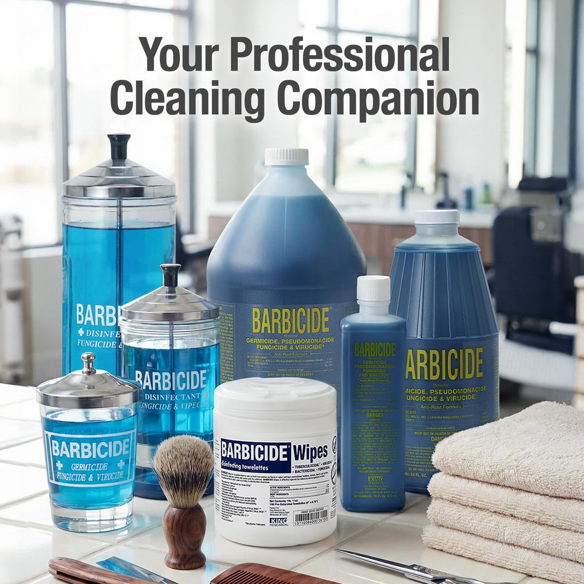 BARBICIDE on salon counter with tools showing professional organization benefit