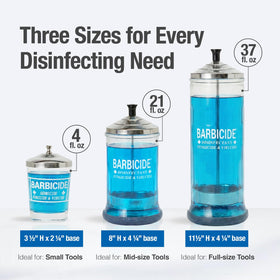 BARBICIDE jar next to combs for scale showing compact footprint benefit