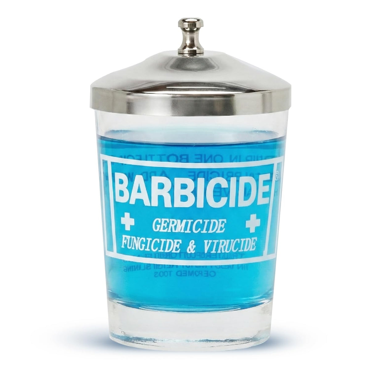 BARBICIDE small jar front view showing clear glass and lid for neat storage