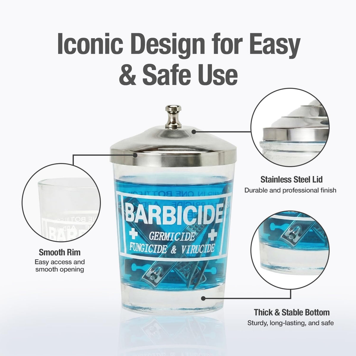BARBICIDE stainless-steel basket detail showing corrosion resistance and easy retrieval