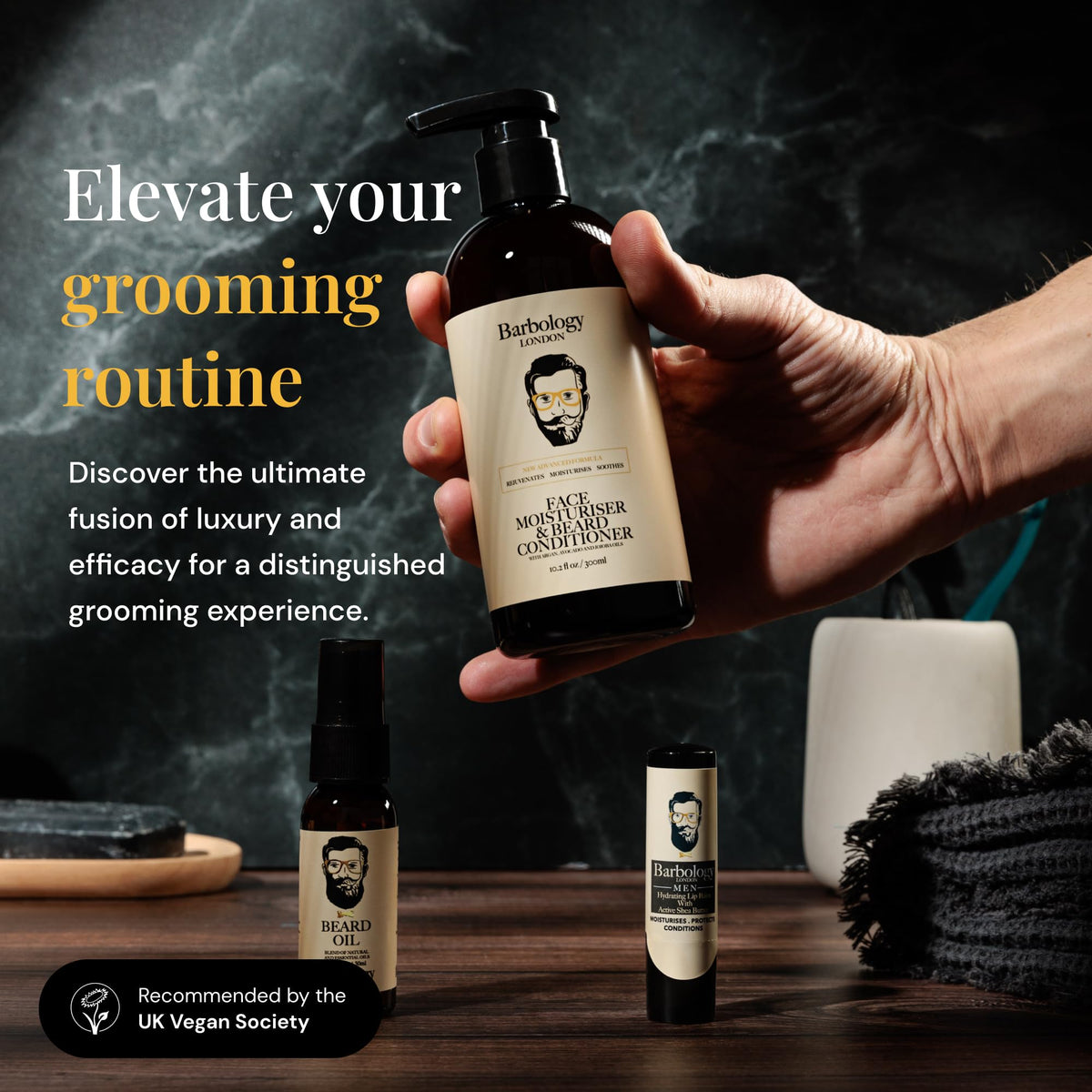 Barbology LONDON bottle styled on bathroom shelf suggesting daily grooming routine
