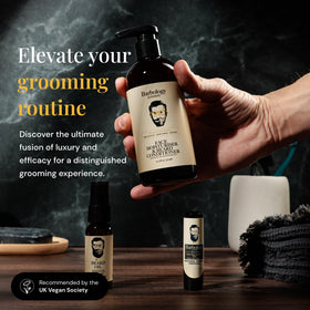 Barbology LONDON bottle styled on bathroom shelf suggesting daily grooming routine