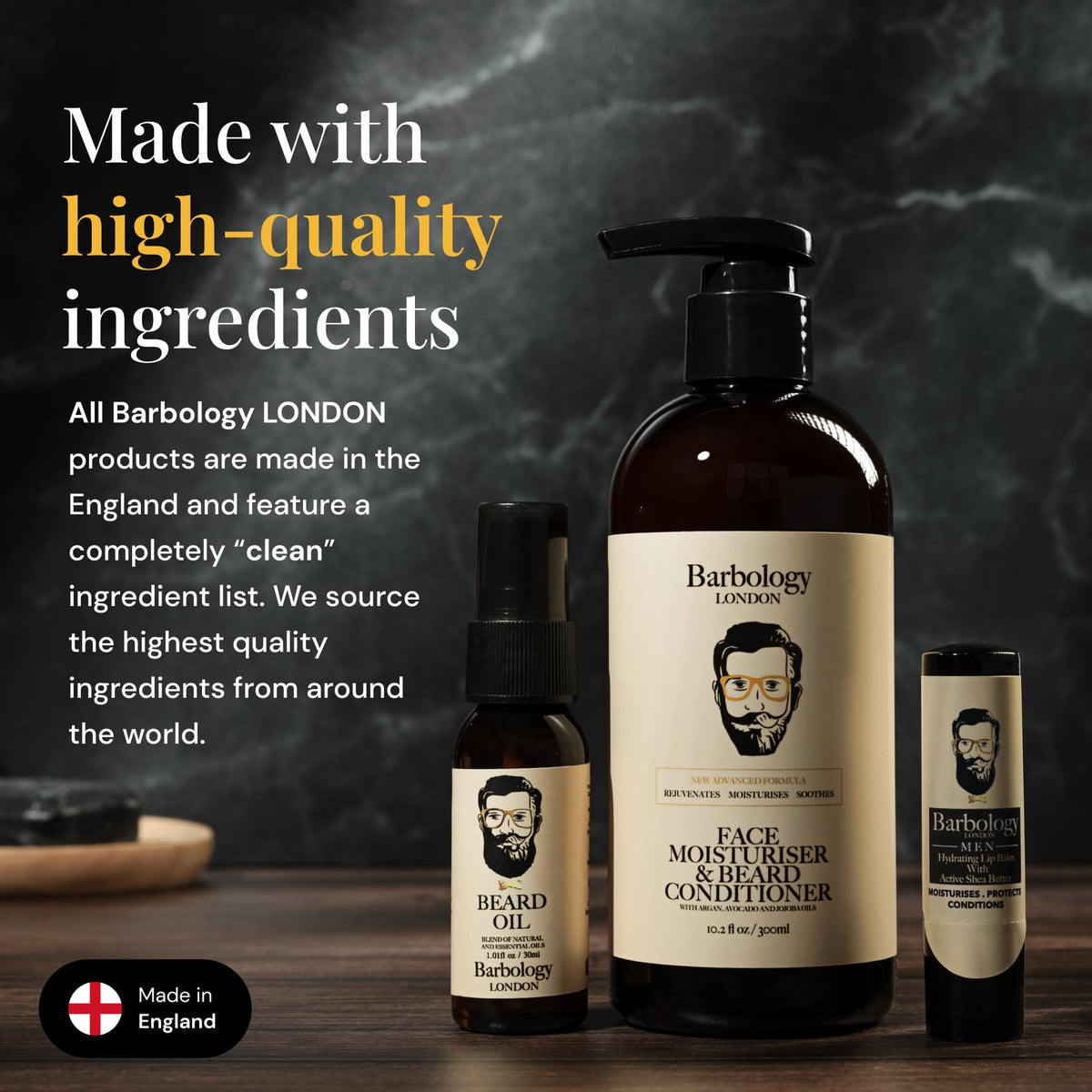 Barbology LONDON ingredient label close-up showing jojoba argan and avocado oils