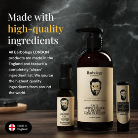 Barbology LONDON ingredient label close-up showing jojoba argan and avocado oils