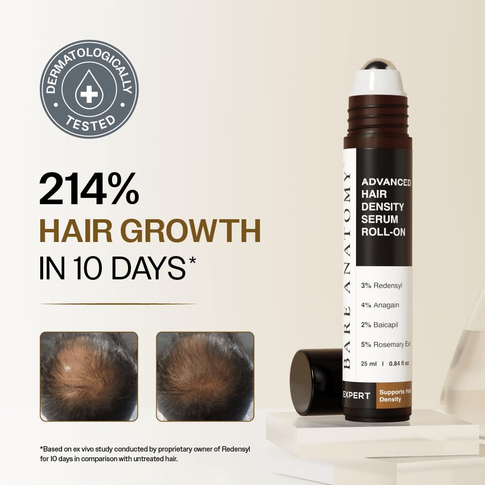 Bare Anatomy roll-on applicator close-up, precise targeted scalp delivery benefit