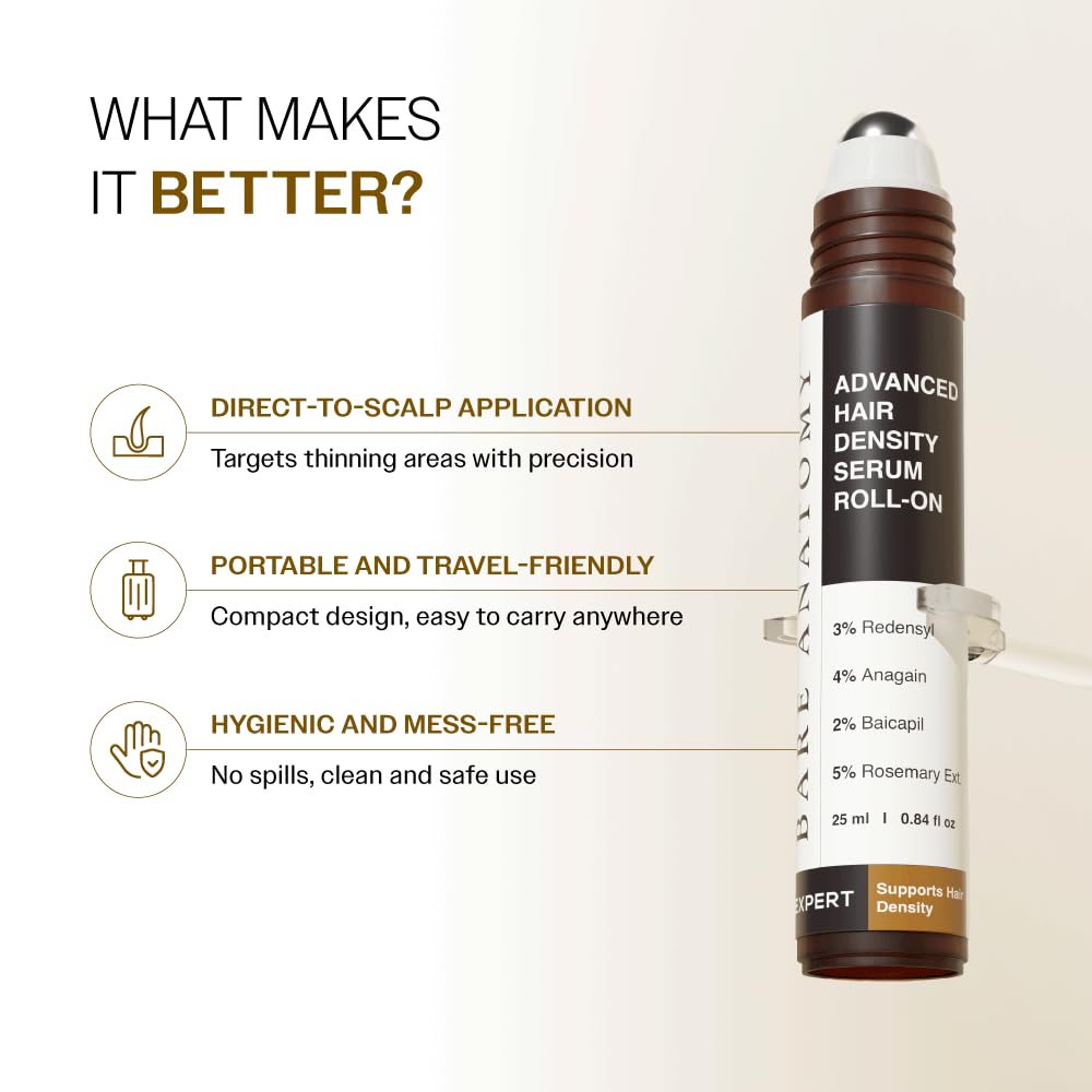 Bare Anatomy applying roll-on to scalp, easy mess-free targeted treatment benefit