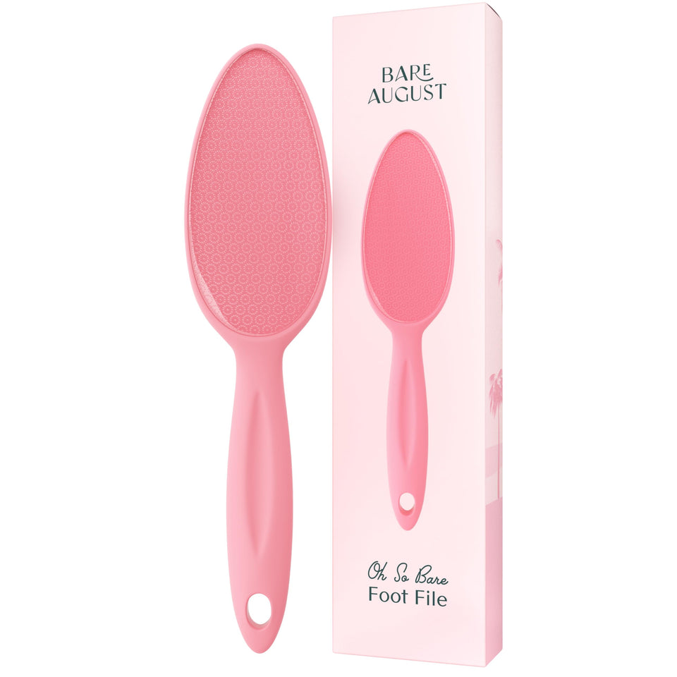 Bare August front view pink glass foot file showing full paddle and benefit of easy exfoliation