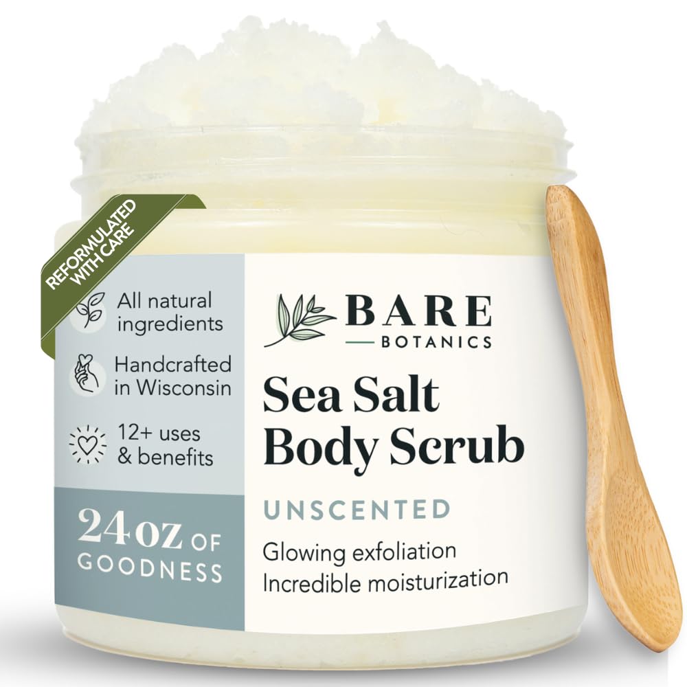 Bare Botanics front jar view showing clean unscented scrub benefits