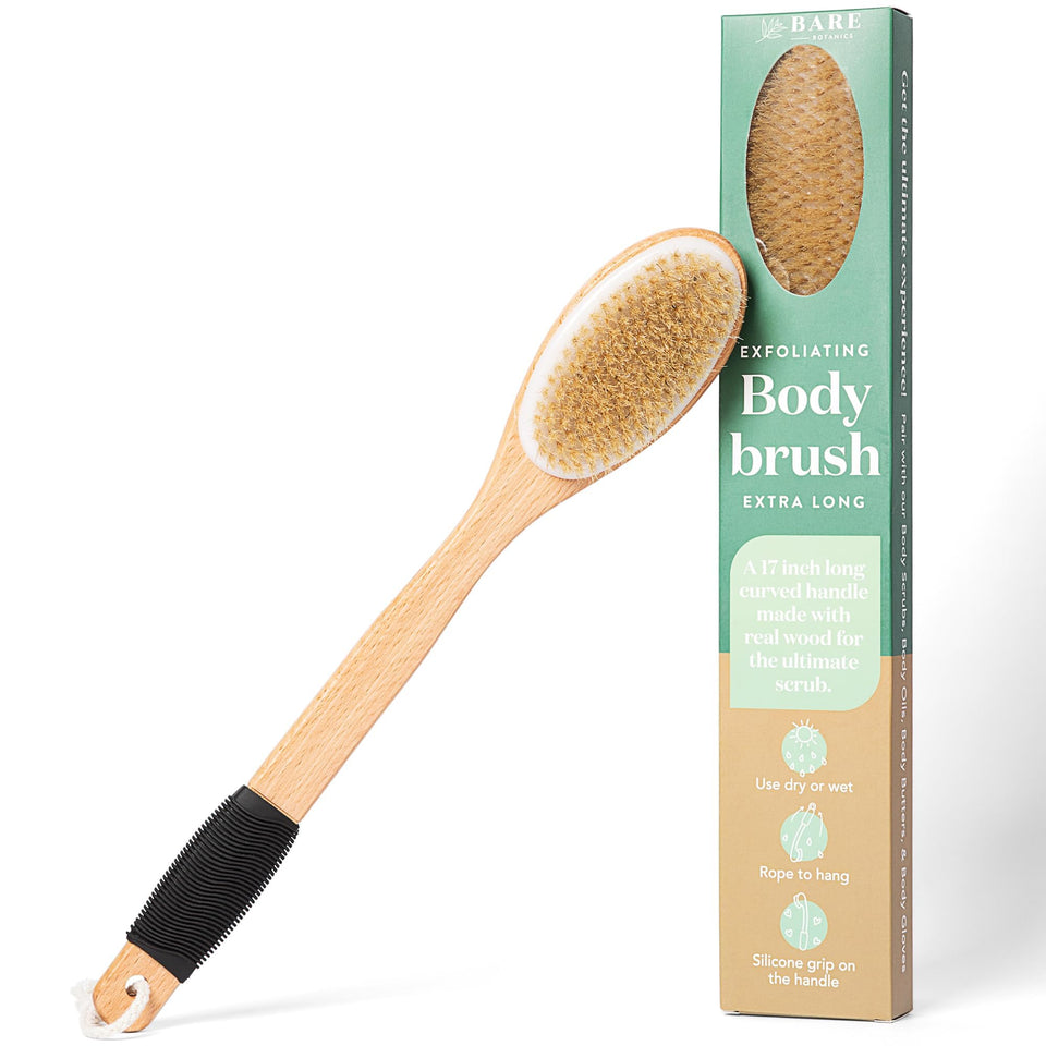 Bare Botanics front view of full 17-inch body brush showing ergonomic shape and bristles, easy reach