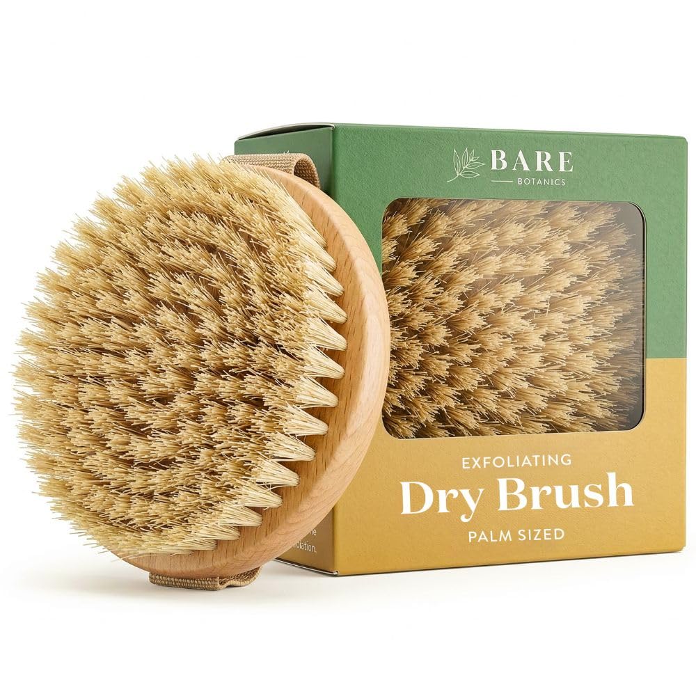Bare Botanics front view showing ergonomic palm brush for smoother skin
