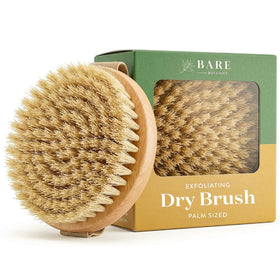 Bare Botanics front view showing ergonomic palm brush for smoother skin