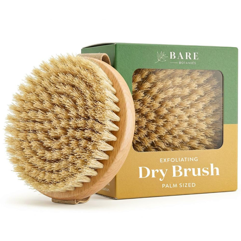 Bare Botanics front view showing ergonomic palm brush for smoother skin