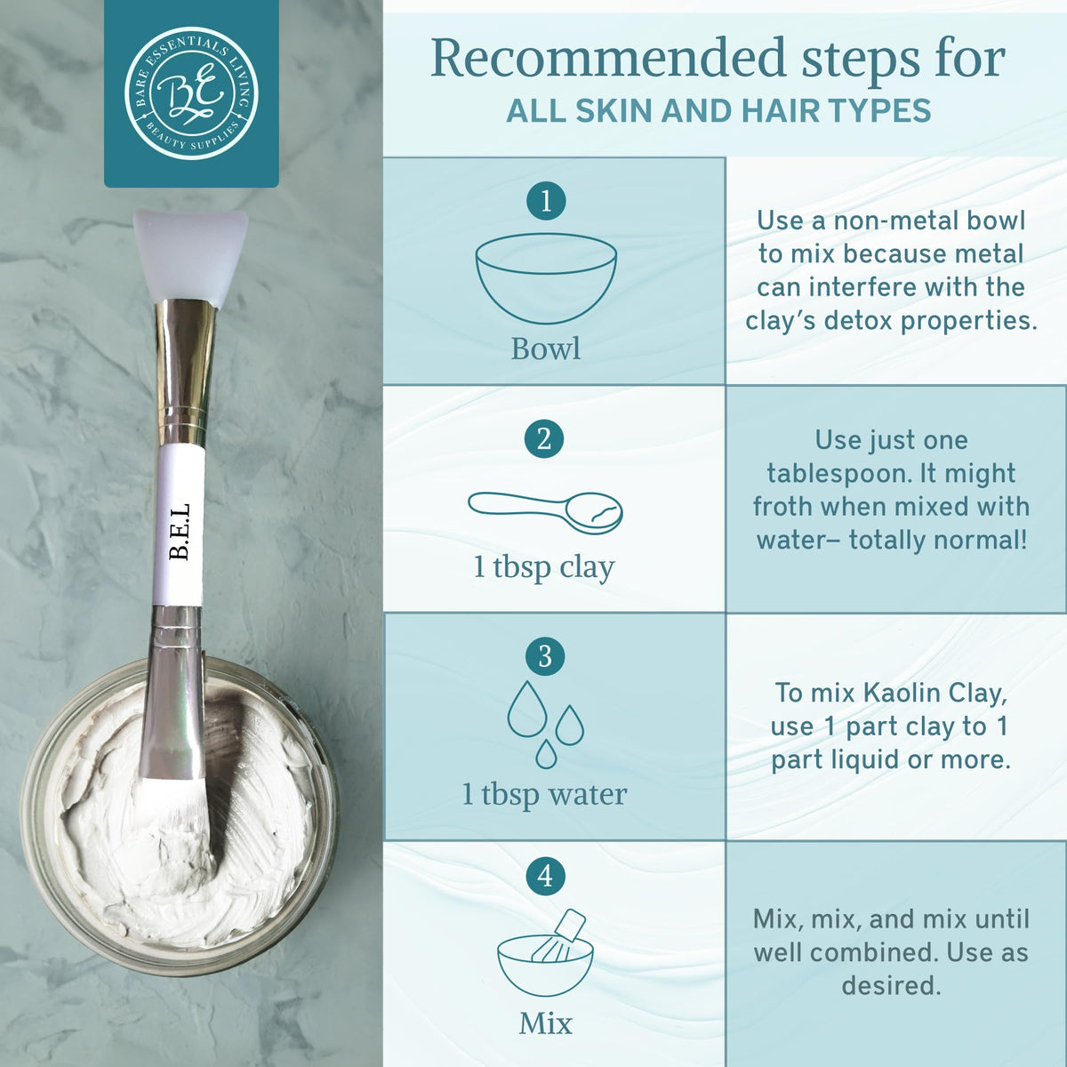 Bare Essentials Living kaolin clay beside bath bomb showing softening effect