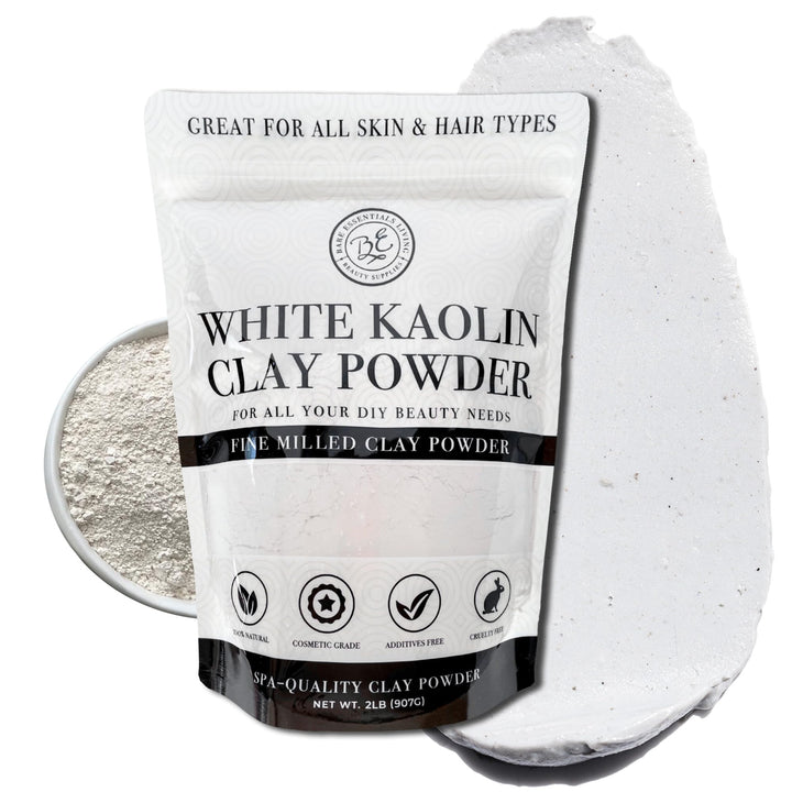 Bare Essentials Living front bag showing 2 lb kaolin clay, clear labeling and benefit
