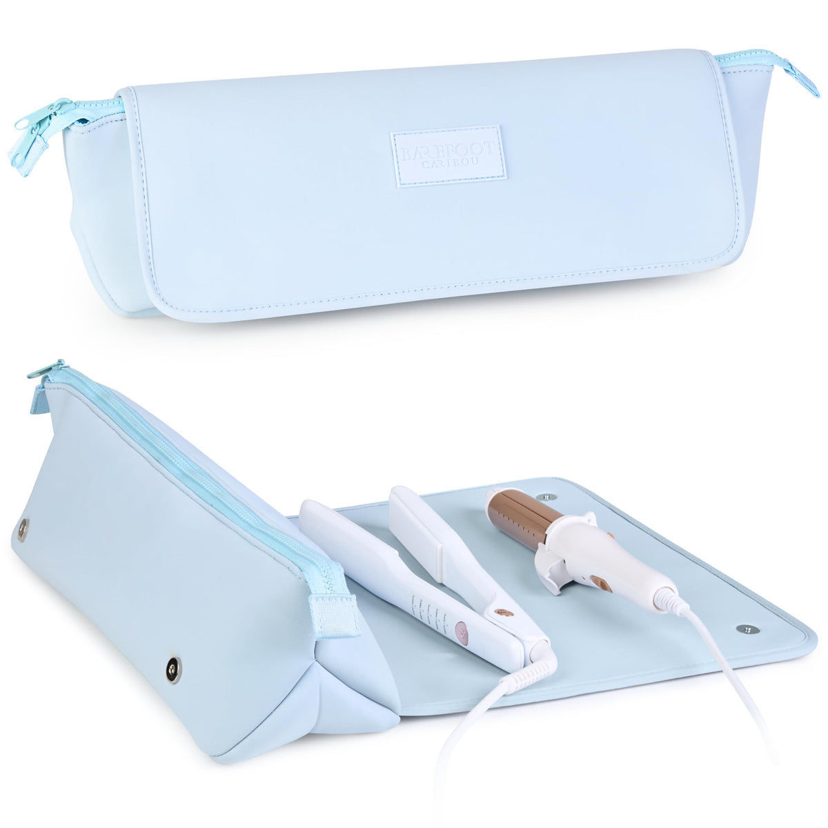 BAREFOOT CARIBOU front view baby blue bag showing compact travel-ready design and protection