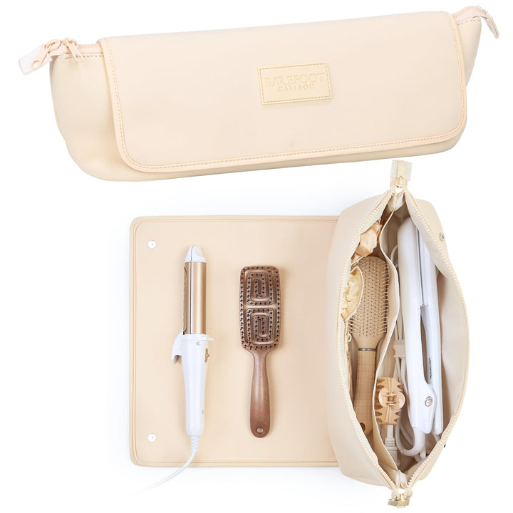 BAREFOOT CARIBOU front view of ivory travel bag showing compact protection