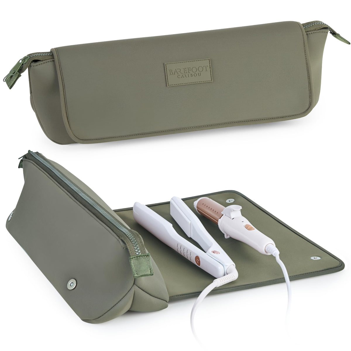 BAREFOOT CARIBOU front view of olive travel bag showing compact protection