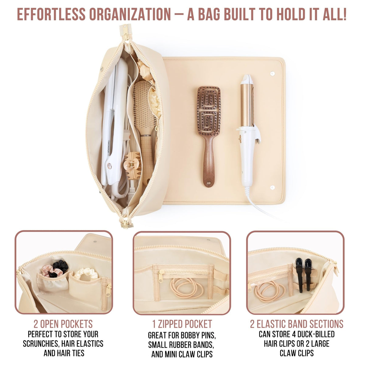 BAREFOOT CARIBOU bag next to flat iron for accurate size comparison