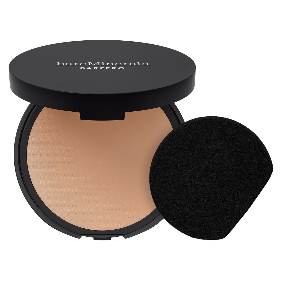 bareMinerals compact front view showing shade Medium 32 Cool and sleek packaging benefit travel-ready