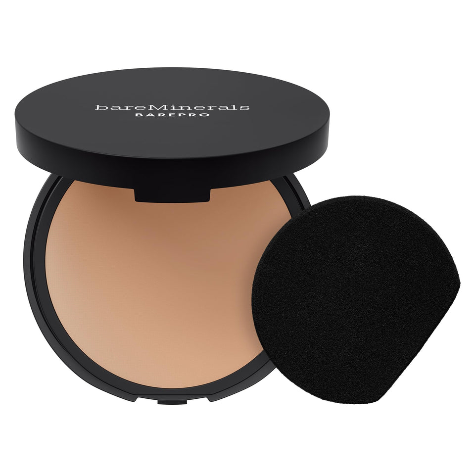 bareMinerals compact front view showing shade Medium 32 Cool and sleek packaging benefit travel-ready