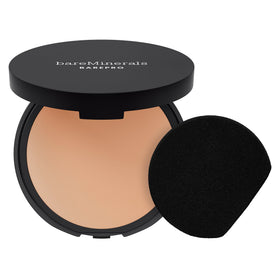 bareMinerals compact front view showing matte pressed powder and sleek packaging benefit: portable coverage