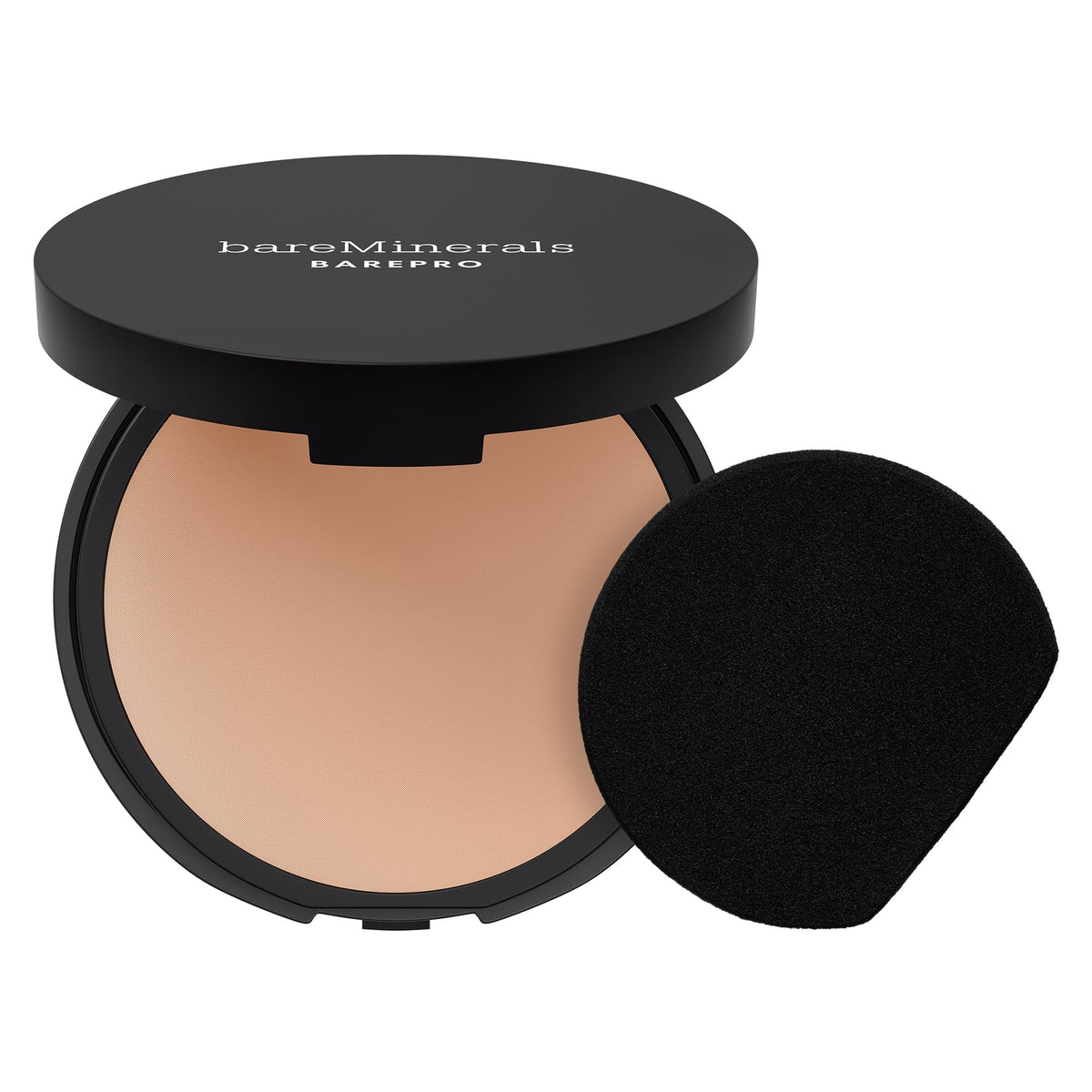 bareMinerals compact front view showing sleek packaging and shade label, clear benefit