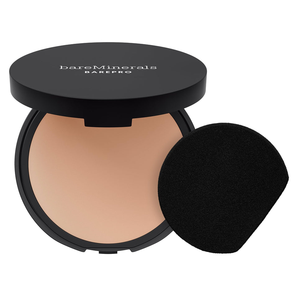 bareMinerals compact front view showing sleek packaging and shade label, clear benefit