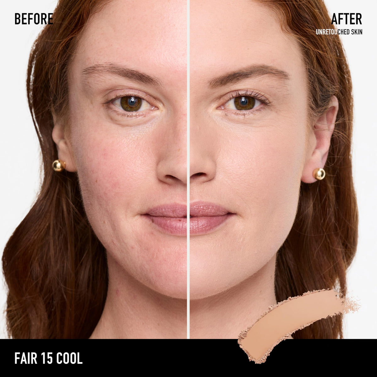 bareMinerals open pan highlighting Fair 15 Cool shade and creamy matte payoff benefit color match