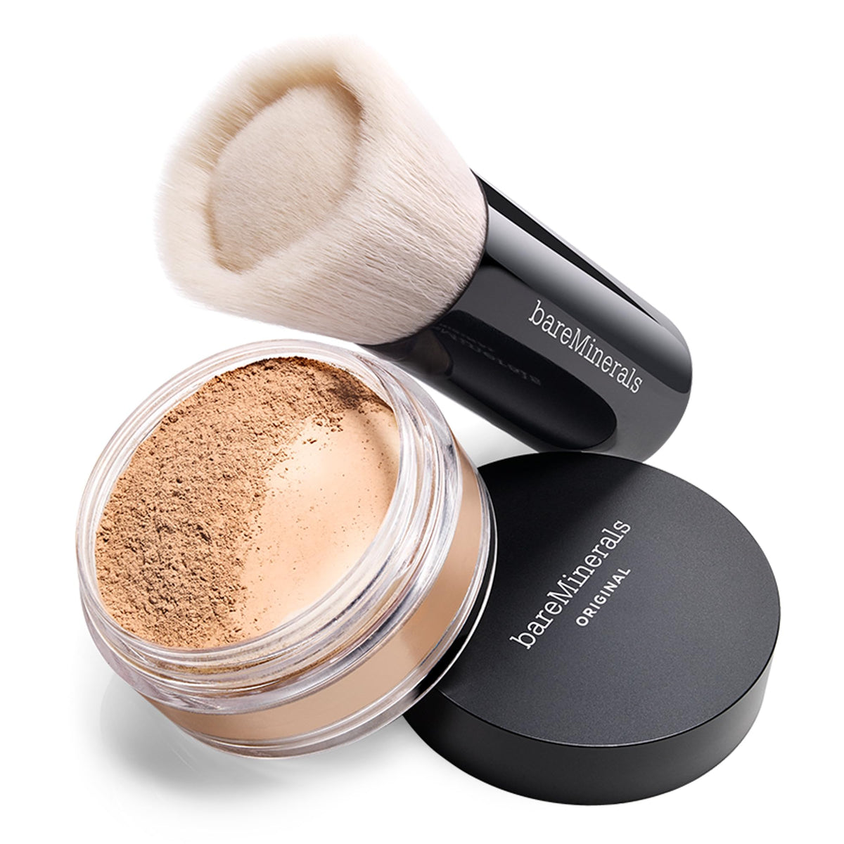 bareMinerals brush applying loose mineral foundation for even, blended finish