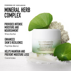bareMinerals ingredient display with Shea Butter and botanicals, emphasizes barrier support