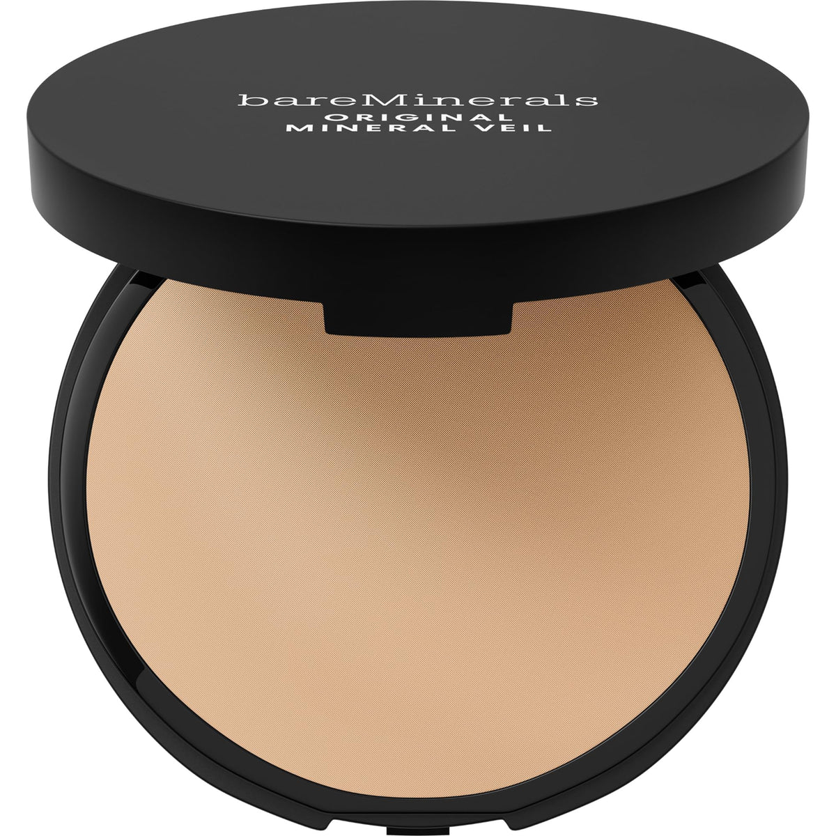 bareMinerals compact front view showing sleek packaging and shade labeling benefit: easy travel-friendly setting